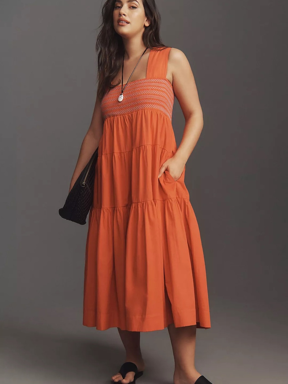 Anthropologie The Helena Square-Neck Tiered Midi Dress Orange | M